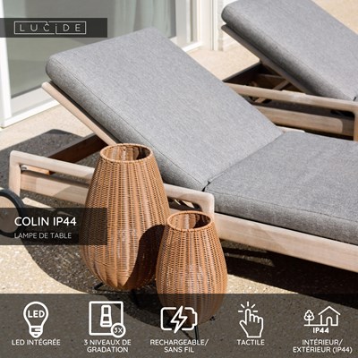 Lucide COLIN IP44 - Lampe de table Rechargeable Intérieur/Extérieur - Batterie/Piles - LED 3 StepDim - 1x3W 3000K - IP44 - Naturel